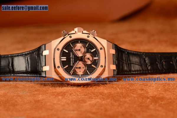 Audemars Piguet Royal Oak Chronograph Swiss Valjoux 7750 Rose Gold Case With Black Leather Strap Black Dial And Gold Three Subdials 1:1 Original Ef - Click Image to Close